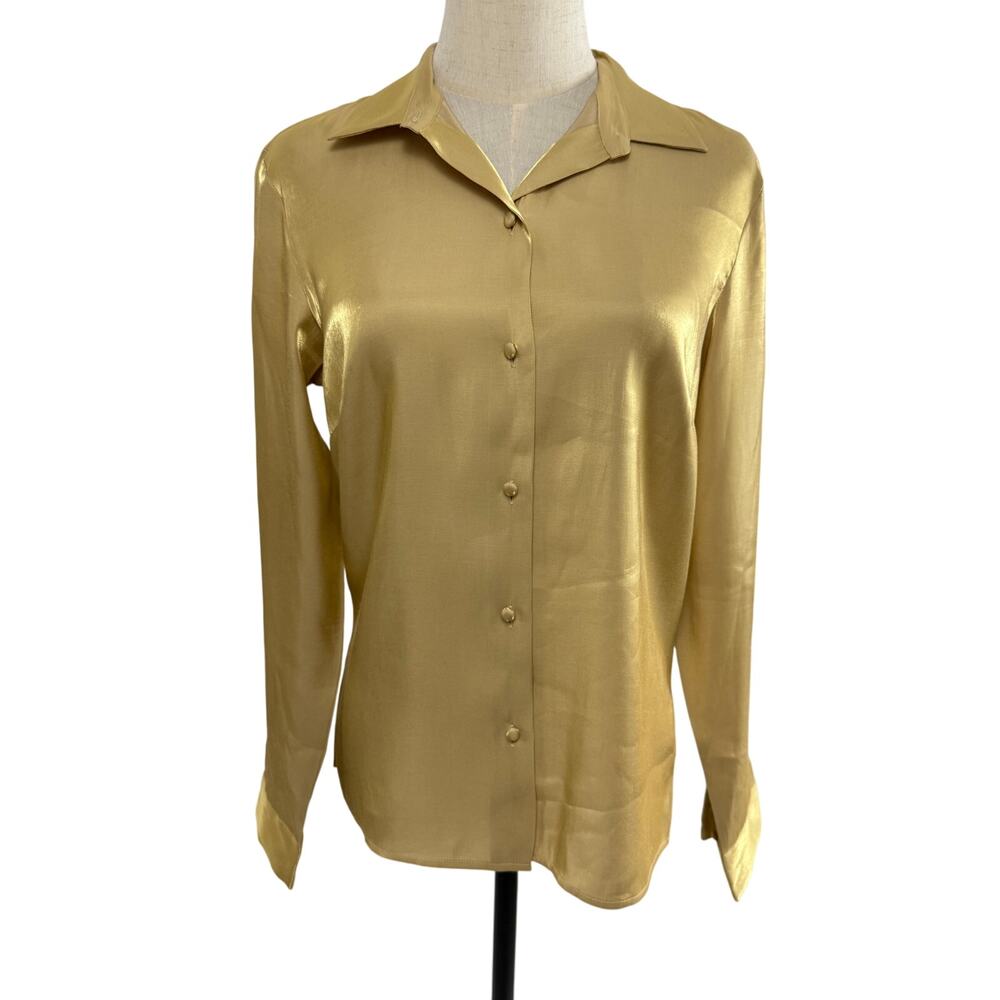 Ann Taylor Gold Lame Blouse with Covered Buttons and Chest Darts, Size 8